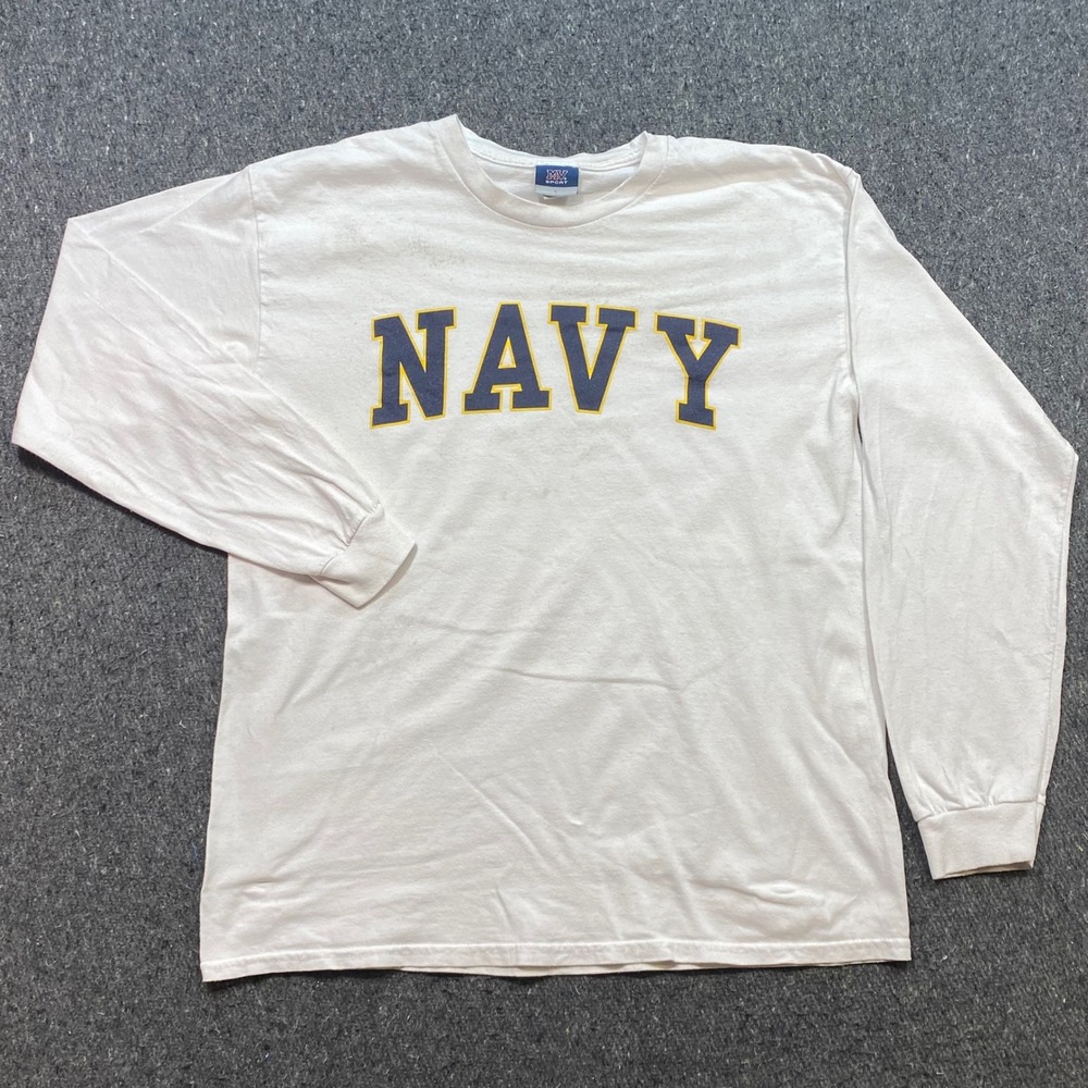 MV‎ Sport Navy TShirt Sz L Mens White Grunge Skater Long Sleeve Military Graphic